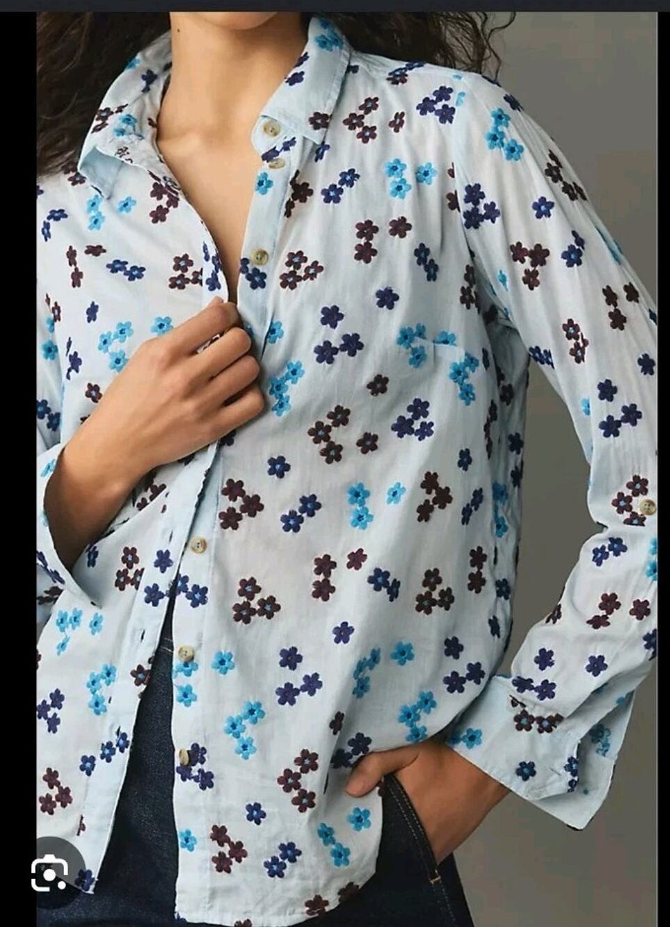 Maeve *In White Green Purple* Floral Embroidered Long Sleeve Button Up Top XS